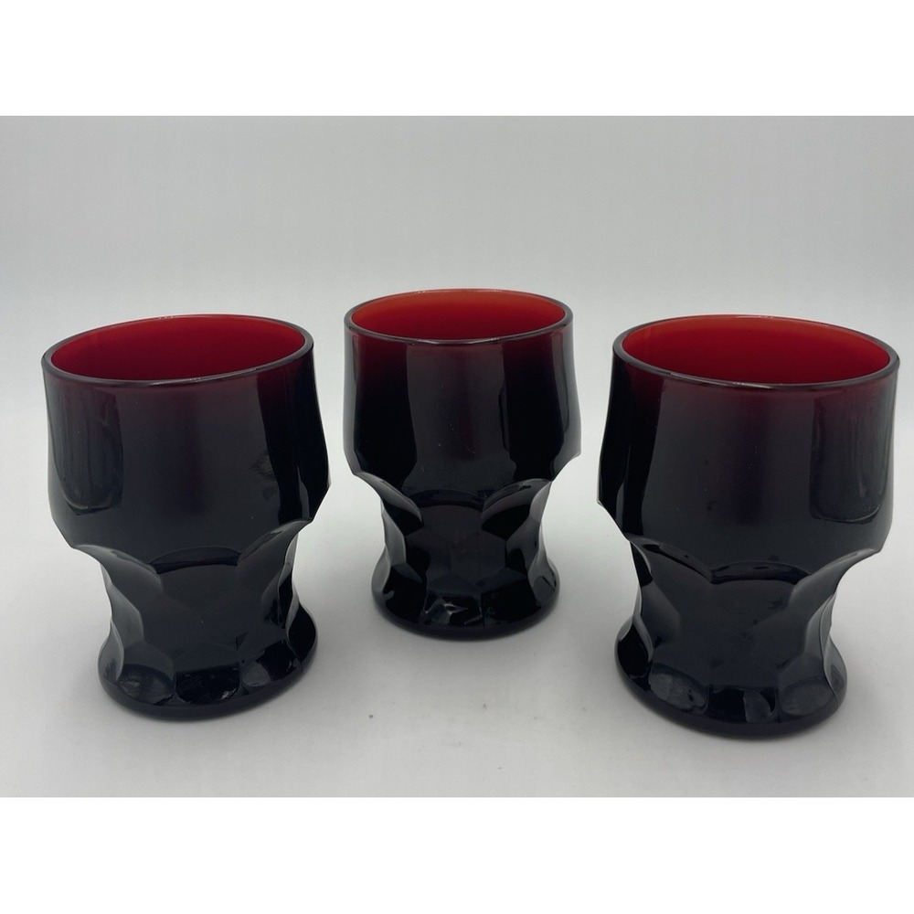 Vtg Set 3 Georgian Dark Ruby Red 8 oz Glass Glasses Cups Drinking 4.25" Tall